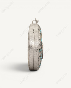 Natural Turquoise Gemstone <b>Clutch</b> | Handmade Silver Filigree Minaudiere | Luxury Bridal <b>Wedding</b> Evening Bag for Women Oval Purse - Product Image 4