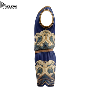 Ensemble de maillot et short de basketball personnalisé OEM de haute qualité, imprimé poisson Koi et vagues, uniforme athlétique sublimé bleu et or - Product Image 3
