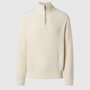 Pull en laine crème pour homme, col zippé 1/4, manches longues, couleur unie, style tricot côtelé épais, idéal pour l'hiver - Product Image 1