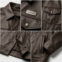 Veste en cuir véritable marron foncé, style trucker, doublée matelassée, logo embossé au dos, poche à bouton pression, veste d'extérieur