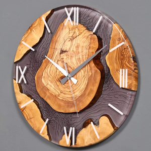 Horloge murale en bois avec résine époxy jaune, personnalisation, style simple, horloge murale décorative pour la maison, best-seller - Product Image 1