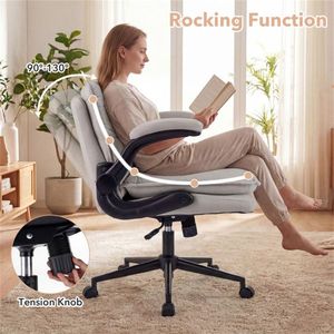 Chaise de bureau réglable en hauteur, dossier croisé, accoudoirs relevables, similicuir beige, fonction bascule - Product Image 2