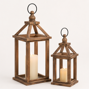 <b>Set</b> of 2 Farmhouse Wood Candle <b>Lanterns</b> Rustic Brown Decorative Wooden Candle Holders for Table And Outdoor Garden Decor - Product Image 3