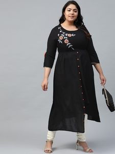 Kurta noir brodé style A-line en viscose rayonne, grande taille, col rond, manches trois quarts, tenue décontractée pour femme - Product Image 5