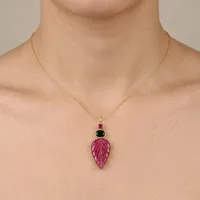 Collier Pendentif Feuille Sculptée en Or Massif Plaqué pour Femme, Bijoux Tendance en Gros avec Pierres Précieuses Rubis, Jade, Onyx, Quartz