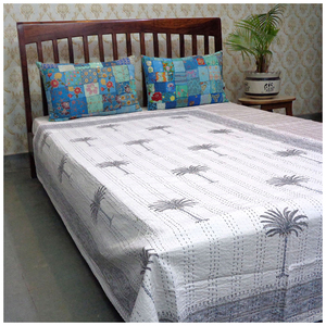 Hand Block Printed Cotton Twin Size Kantha <b>Quilt</b> Throw 150x220 cm Hand Embroidered Indian <b>Bedspread</b> Handmade Home Decor Supplier - Product Image 1