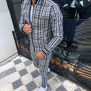 New Arrival Men's Check Print Sublimated Bomber <b>Jacket</b> Track Suit Zip Enclosure Ribbed Hem & Cuffs Striped Zipper Sweat Suit - Product Image 2