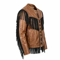 Veste en cuir véritable marron pour homme avec franges noires, col mandarin, fermeture croisée, style vintage, à porter en automne