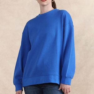 Sudadera Oversize de Cuello Redondo para Mujer, Azul Sólido, Hombros Caídos, Manga Larga, Tejido de Algodón, Ropa de Otoño - Product Image 4