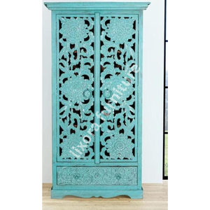 Luxury Handcrafted Solid Wood 2 Door <b>Wardrobe</b> Ornate Floral Carving Antique Turquoise Teal Finish - Product Image 5