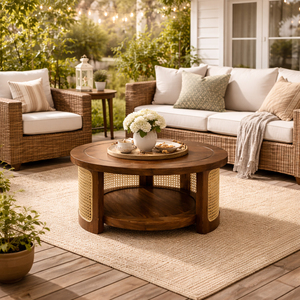 Lounge Area Teak Wood Round <b>Coffee</b> <b>Table</b> with Shelves Savana Rattan Combination Elegant Storage Design for Home Use - Product Image 6