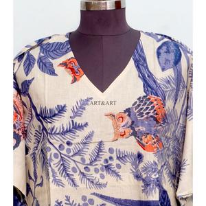 Vestidos midi tipo caftán cortos hechos a mano en India, ecológicos, 100% algodón, con estampado floral, corte evasé, relajantes, para mujer. - Product Image 6