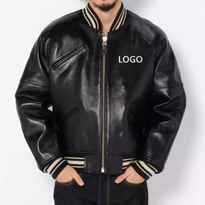 Blouson aviateur en cuir véritable pour homme, col montant, fermeture éclair, couleur unie, style motard, pour l'automne - Product Image 1