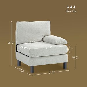 Poltrona Moderna Bianco Crema con Cuscino Spesso per Soggiorno, Modulo Laterale Destro in Tessuto per Divano Componibile - Product Image 3