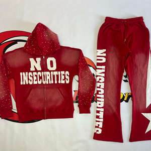 Heavyweight Puff Print <b>Zip</b> <b>up</b> <b>Hoodie</b> and Flared Sweatpants 100% Cotton Acid Wash Tracksuits for Men distressed embroidery - Product Image 1