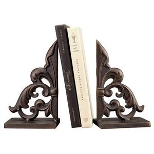 Porte-livres décoratifs en fonte robuste motif fleur de lys, lot de 2, design élégant à motifs festonnés pour étagères et cheminées - Product Image 1