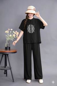 Ensemble haut brodé en coton et pantalon palazzo pour femme, col rond, manches courtes, longueur normale, tenue ethnique cousue - Product Image 6