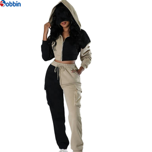 Conjunto Casual Personalizado para Mujer con Chaqueta Corta con Capucha en Bloques de Color a la Moda y Pantalones Cargo, Conjunto Deportivo para Correr - Product Image 2