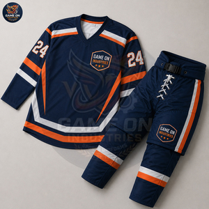 For Wholesale Rate Team Sportswear Sublimation Performance Fabric Breathable Lightweight Navy Orange Ice Hockey Uniform Sets - Product Image 5