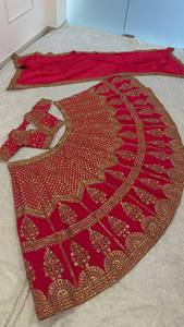 Women <b>Red</b> Muga Silk Embroidered Quick Dry All Season <b>Lehenga</b> Choli Traditional Wedding Dress Floor-Length India Pakistan Style - Product Image 6