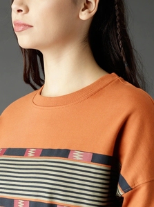 Sweat-shirt à col rond orange pour femme, 100% coton, tricoté, respirant, coupe classique, couleur unie, manches longues, automne - Product Image 6