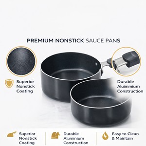 Modern Nonstick <b>Cookware</b> <b>Set</b> of 2 Saucepan & Cooking Pan | Aluminum Dishwasher Safe | Black - Product Image 4