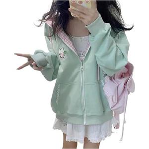 เสื้อสเวตเชิ้ตมีฮู้ดสีเขียวมิ้นท์พร้อมผ้าฟลีซพิมพ์ลายการ์ตูนทรงโอเวอร์ไซส์สไตล์โลลิต้าสำหรับฤดูใบไม้ร่วงดีไซน์กระเป๋าด้านหน้า - Product Image 4