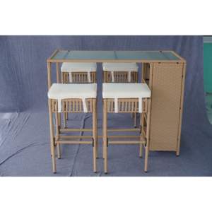 5-Piece Outdoor Rattan Patio Furniture <b>Set</b> with Glass Top <b>Table</b> <b>and</b> Cushioned <b>Bar</b> <b>Stools</b> - Product Image 4