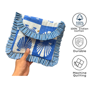 Jaipur Block Print Vintage Floral Cotton <b>Quilted</b> Cosmetic <b>Bag</b> Striped Ruffle Trim Small Portable Magnetic Cover Closure Large - Product Image 3
