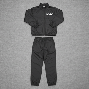 Men's Black Cotton Fleece Breathable Tracksuit Set Solid Color Sporty Style Stand Collar Full <b>Zip</b> Jacket Jogger Pants Winter - Product Image 1