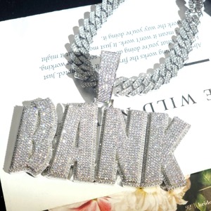 Collar con Colgante de Letra BANK Plateado en Plata, con Circonitas Cúbicas Engastadas, Cadena de Eslabones, Estilo Hiphop para Hombre, Uso Diario - Product Image 6