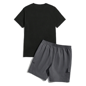 Ensemble d'été pour homme à épaules tombantes, t-shirt à manches courtes et short en tricot 100% coton de haute qualité, impression de logo personnalisée - Product Image 2