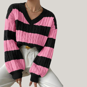 Pull tricoté décontracté pour femme, col en V, motif torsadé, rayé, épaules tombantes, manches longues, collection hiver - Product Image 4