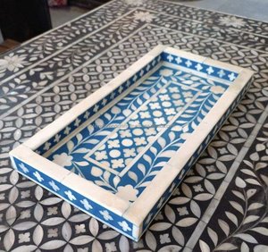 Bandeja Rectangular Decorativa con Incrustaciones de Hueso, Estilo Náutico Animal, Diseño a Rayas Negras, Hecha a Mano, Decoración para el Hogar, India - Product Image 3