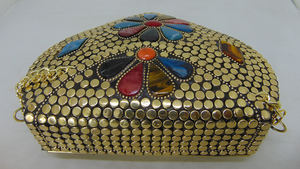 Handmade Metal <b>Clutch</b> Cum Sling Bag Jewel Stone Metal <b>Clutch</b> Gold Bag - Product Image 5