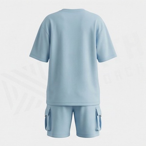 Ensemble de shorts 2 pièces unisexe bleu clair à imprimé géométrique, t-shirt à manches courtes col rond et short cargo, vêtements décontractés pour le printemps et l'été - Product Image 2