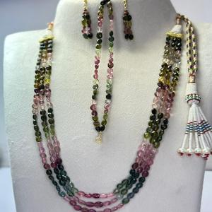 Natural Multi Tourmaline Faceted Oval Cut Beaded Necklace <b>Earrings</b> Pair Unique Double Layer Adjustable 24K Gold Plated Women's - Product Image 1