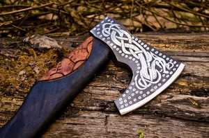 Custom Hand Forged Viking Axe | High Carbon Steel Blade, Valhalla Axe Wood Handle Survival <b>Tool</b> With <b>Leather</b> Cover - Product Image 2