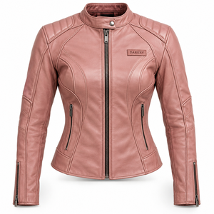 <b>Womens</b> Custom Dusty Rose Genuine Leather Racer <b>Jacket</b> Snap Button Neck Padded Sleeve Fitted Motorcycle Streetwear Darkry Top - Product Image 1