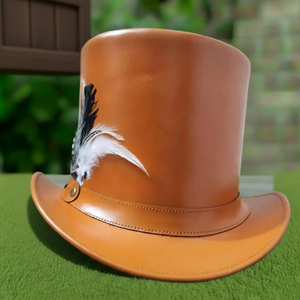 Premium quality custom made Handmade Orange Leather Steampunk <b>Top</b> Hat with Feather Victorian Cosplay Costume Hat - Product Image 1