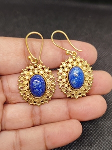 Natural Lapis Lazuli Brass Dangle Drop Earrings 18K Gold Plated Handmade Gemstones Women Boho Jewelry Gift Wholesale - Product Image 2