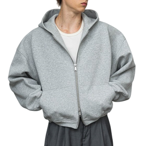 Sweat à capuche zippé unisexe en molleton de coton de luxe, style streetwear, coupe ample et oversize, coupe carrée et courte, grammage lourd, uni - Product Image 3