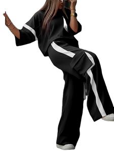 Ensemble 2 pièces pour femmes, style streetwear vintage américain, t-shirt à manches courtes uni + pantalon large à taille haute, été, 100% coton - Product Image 5