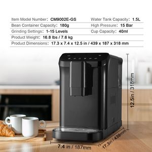 Máquina de Espresso Automática Profesional de 15 Bares con Molinillo Incorporado, 15 Niveles de Ajuste de Molienda, Conveniente para Uso en el Hogar o la Oficina - Product Image 4