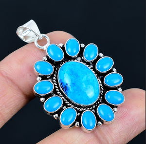 Pendentif Fleur en Turquoise Naturelle Plaqué Argent 925 Fait Main Style Classique Bijoux de Mariage pour Femme - Product Image 1