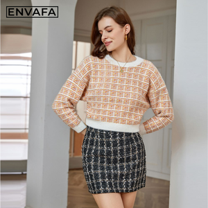 Pull tricoté décontracté coloré à col rond pour femme, pull court d'automne à manches longues, anti-plis, respirant, color block, personnalisé - Product Image 4