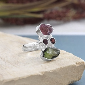 Natural Tourmaline & <b>Garnet</b> 925 Sterling <b>Silver</b> Statement <b>Ring</b> Raw Gemstone Birthstone Handmade Cocktail <b>Ring</b> - Product Image 4