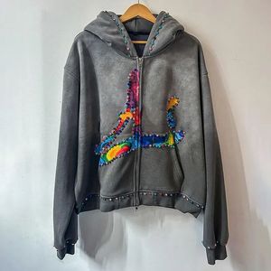 Sweat à capuche zippé unisexe en polaire de polyester, coupe oversize, style vintage gothique, streetwear hiver, avec logo personnalisé et impression numérique unie - Product Image 1