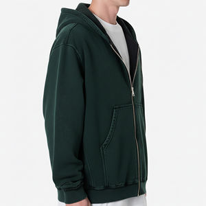 Sweat-shirt à capuche zippé vert foncé pour homme, coupe oversize, double fermeture éclair, logo sur le devant, style décontracté, polyester/coton, délavé à l'acide - Product Image 6