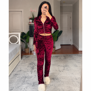 Women's Crushed Velvet <b>Crop</b> Top & Flare Pants Set Full Sleeve <b>Zip</b>-<b>Up</b> Tracksuit Casual Streetwear 2 Piece Outfit - Product Image 2